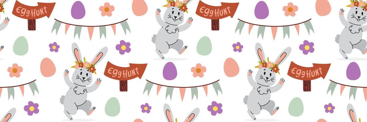 Easter rabbit seamless pattern. Festive game egg hunt. Spring background with funny bunny, wooden pointer and garland of colored flags. For wrapping paper, textiles, children room. Flat illustration.