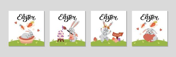 Easter Greeting Card Set. Bunny in various poses, painting eggs, sleeping, playing, dreaming of carrots. Square spring posters for social media, invitation, decorations in room. illustration. vector