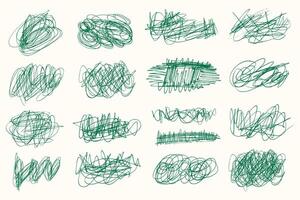 Tangled chaotic crazy lines set. Random green chaotic scribble lines collection on white background. Scrawl messy lines, expressive linework sketches. vector