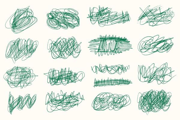 Tangled chaotic crazy lines set. Random green chaotic scribble lines collection on white background. Scrawl messy lines, expressive linework sketches.