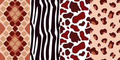 A set of seamless animal print patterns. The pattern is leopard, zebra, cow, snake. vector