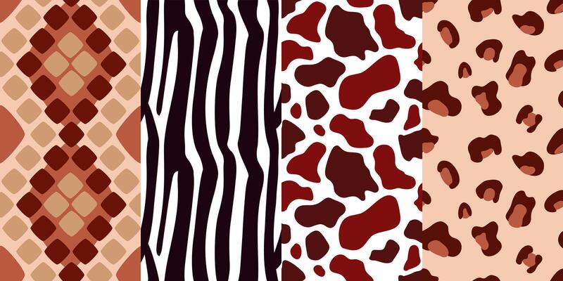 A set of seamless animal print patterns. The pattern is leopard, zebra, cow, snake.