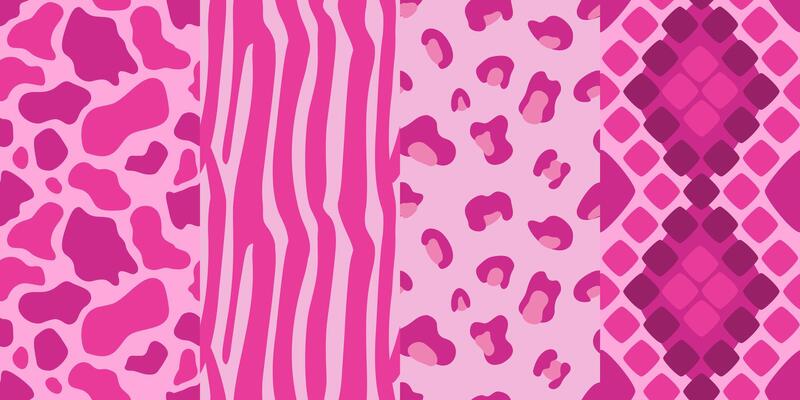 A set of seamless pink patterns with an animalistic print. The pattern is leopard, zebra, cow, snake.