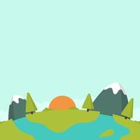 Nature scenery flat illustration with two mountains and pine trees. Nature background with blue sky vector