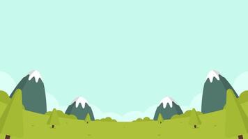 Flat illustration of a meadow with a bright blue sky and surrounded by hills and shrubs vector