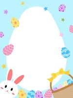 Easter egg shaped frame with easter bunny and easter eggs for holiday decoration with blue background vector