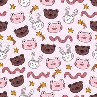 Seamless pattern with hand-drawn cute animals on a pink background. Bear, rabbit, frog, and worm. Seamless texture for childish bedding, fabric, wallpaper, wrapping paper, and textiles. vector