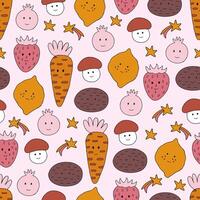 Seamless pattern with hand-drawn cute vegetables and fruits on a pink background. Strawberries, blueberries, lemon, carrots, potatoes, and mushrooms. For childish fabric and wrapping paper. vector