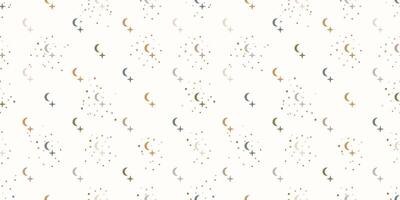 Seamless pattern with moon and stars on a beige background. Bohemian mystical pattern. Surface design in soft colors for children's fabric, wrapping paper, and children's room decor. vector