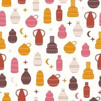 Pattern in boho style with images of the moon, stars, and vintage ceramic vases. Pink and yellow baby cute patterns. Fashionable texture for printing. vector