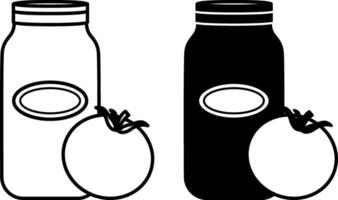 Tomato Sauce Icons. Black and White Illustrations. Tomato Sauce in a Jar and Tomato. Food. Grocery Concept vector