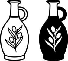 Olive Oil Icons. Black and White Illustrations. Olive Oil in Transparent Decanter. Food. Grocery Concept vector