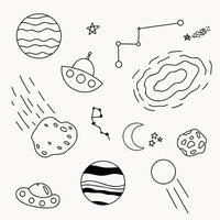 Doodle space illustration set, design elements for any purpose. Hand drawn spaceship, planets, stars, comets, asteroids and UFO. vector