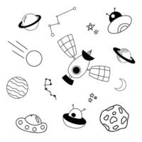 Doodle space illustration set, design elements for any purpose. Hand drawn spaceship, moon, planets, stars, comets, asteroids and UFO. vector