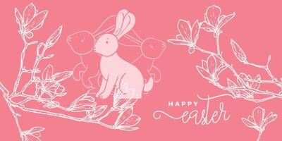 Red Coral Easter banner design with hand drawn cute rabbit and line art spring flower magnolia. Happy Easter design for banners, social media, invitations, web and print. vector