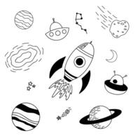 Set of Doodle space illustrations, design elements for any purpose. Hand drawn abstract spaceship, planets, stars and UFO. Line print or banner. vector