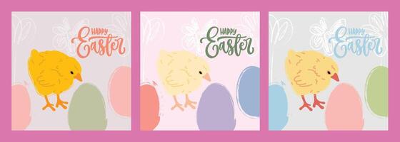 Cute Easter square designs with chicks, sketched eggs and doodled flowers. Pastel illustrations for social media, web and print projects. Awesome graphic assets. vector
