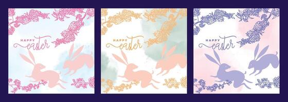 Elegant Easter square designs with bunnies, hand drawn line art cherry blossoms and watercolor splatters. Set of pastel illustrations for social media, web and print projects. vector