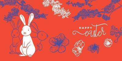 Red orange and blue Easter banner design with hand drawn cute cartoon rabbit and minimalist decorated eggs. Happy Easter design for banners, social media, invitations, web and print. vector