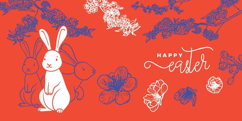 Red orange and blue Easter banner design with hand drawn cute cartoon rabbit and minimalist decorated eggs. Happy Easter design for banners, social media, invitations, web and print.