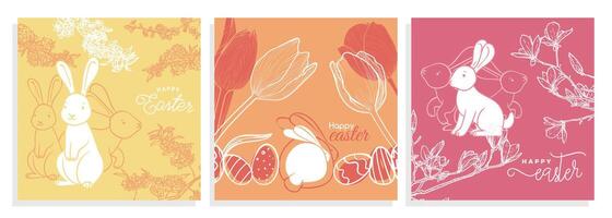 Warm Easter square designs with bunnies, hand drawn line art tulips and cherry blossoms. Set of saturated illustrations for social media, web and print projects. vector