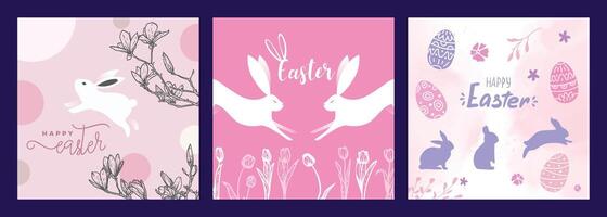 Cute Easter square designs with rabbits, hand drawn line art tulips, magnolias and eggs. Set of pastel bunnies illustrations for social media, web and print projects. vector