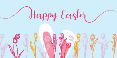 Light blue Easter banner design with hand drawn cute rabbit ears and spring flowers like tulips. Happy Easter design for banners, social media, invitations, web and print. vector