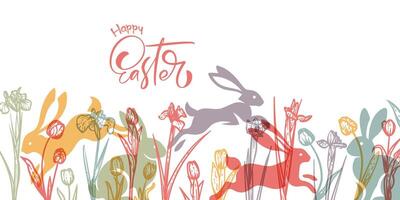White Easter banner design with hand drawn cute rabbits, spring flowers like irises and tulips. Happy Easter design for banners, social media, invitations, web and print. vector