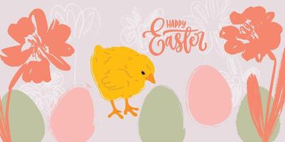 Pastel Easter banner design with hand drawn cute yellow chick, flower doodles and sketched eggs. Happy Easter design for banners, social media, invitations, web and print. vector