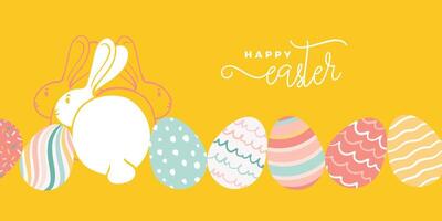 Yellow Easter banner design with hand drawn cute cartoon rabbit and minimalist decorated eggs. Happy Easter design for banners, social media, invitations, web and print. vector