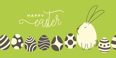 Green Easter banner design with hand drawn cute cartoon rabbit and minimalist decorated eggs. Happy Easter design for banners, social media, invitations, web and print. vector