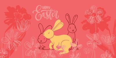 Red Easter banner design with hand drawn cute rabbit and doodle sketched flowers. Happy Easter design for banners, social media, invitations, web and print. vector