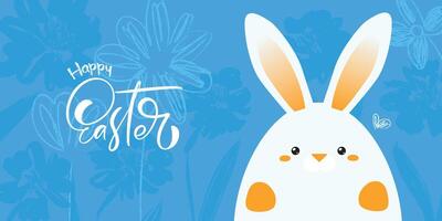 Blue Easter banner design with hand drawn cute cartoon minimalist rabbit in shape of an egg with ears and sketch doodle flowers. Happy Easter design for banners, social media, invitations. vector