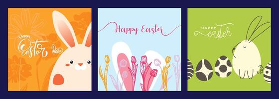 Playful Easter square designs with bunnies in the shape of eggs and hand drawn line art tulips. Set of saturated illustrations for social media, web and print projects. vector