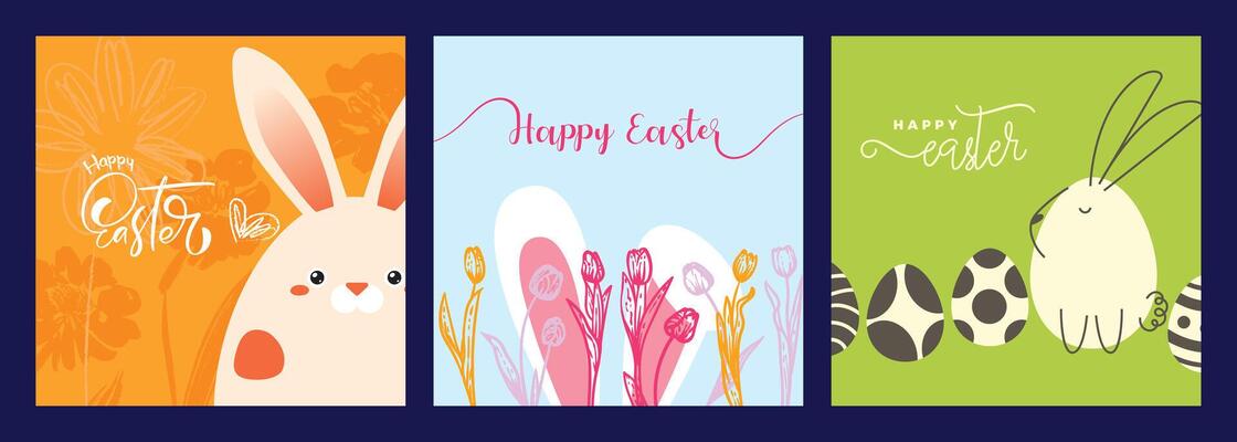 Playful Easter square designs with bunnies in the shape of eggs and hand drawn line art tulips. Set of saturated illustrations for social media, web and print projects.