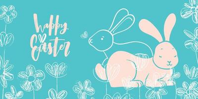 Turquoise Easter banner design with hand drawn cute rabbit and sketched doodles of flowers. Happy Easter design for banners, social media, invitations, web and print. vector
