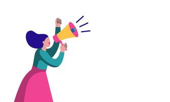 A modern flat-style illustration of a woman with a megaphone, raising her fist in a powerful call to action, with a copy space. Suitable for websites, banners, posters, infographics, social media. vector