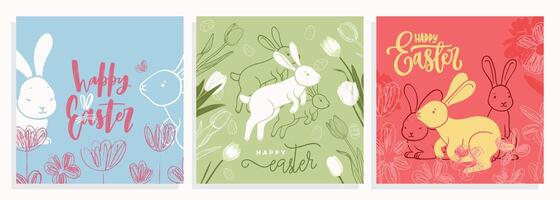 Playful Easter square designs with hand drawn line art bunnies, tulips and doodled flowers. Set of spring illustrations for social media, web and print projects. vector