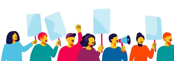 Modern flat-style illustration of a diverse group holding blank signs and a megaphone, symbolizing activism and unity. Ideal for social campaigns, articles, blogs, posters, and educational materials. vector