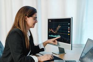 Female trader working with chart on computer monitor photo