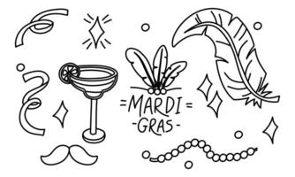 set of festive elements using feathers, cocktail, confetti, mustache, beads. Mardi Gras. Decorations for parties, holidays, advertisements and products related to various celebrations and events vector