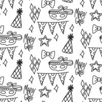 Doodle mardi gras pattern with mask, flags, confetti, butterfly, hat. A party. Decorations for parties, holidays, advertisements and products related to various celebrations and special events vector