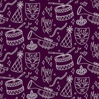 Mardi Gras doodle pattern on purple. Texture of inscriptions, masks, musical instruments, hats, beads, confetti. for advertising campaign products, decorations related to carnival celebrations, events vector