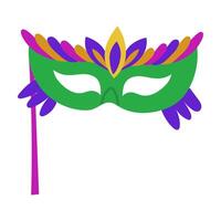 mask with feathers on a stick for Mardi Gras. Bright color flat isolated illustration. For use in the design of materials, advertising, goods and decor related to holidays, carnival events, parties vector