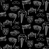 pattern with a variety of doodle masks for Mardi Gras, butterfly, mustache on black. Materials related to carnival celebrations, creating decorations for events, posters and festive-themed products vector