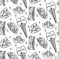 pattern with variety doodle masks for Mardi Gras. It is useful for decorating materials related carnival celebrations, creating decorations events, posters, festive-themed products. Monochrome ruler vector