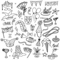 set of doodles for the Mardi Gras holiday. items are ideal for use in holiday themes, event decorations, promotional materials, and products related to carnival celebrations. The lines are monochrome vector