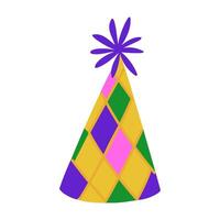 Illustration of a festive hat with a pompom. Colorful bright multicolored flat illustration. Rhomb. Suitable for decorating parties, holidays, birthdays, carnivals and other special occasions vector