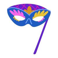 mask on a stick for Mardi Gras. Bright color flat isolated illustration. For use in the design of materials, advertising, goods and decor related to holidays, carnival events, parties vector