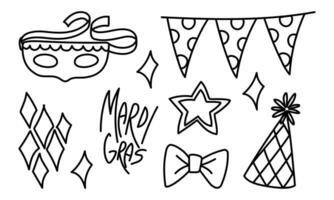 set of festive elements using a mask, flags, confetti, a butterfly, a hat. Mardi Gras. Decorations for parties, holidays, advertisements and products related to various celebrations and special events vector